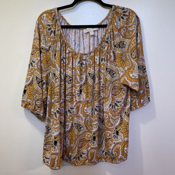 Michael Kors Womens Blouse Six 3X Gold Yellow Black Paisley Print Elastic Waist - Picture 1 of 10